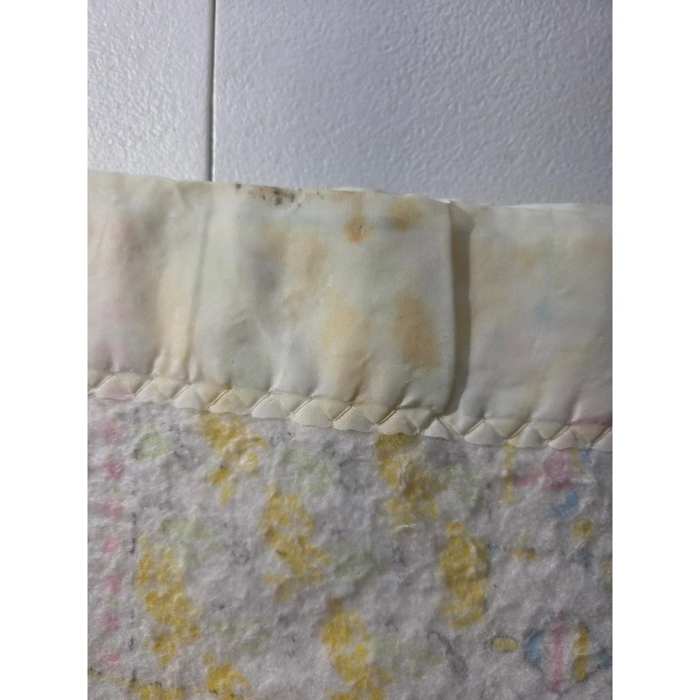 Vintage Handmade Patchwork Baby Quilt Pastel Nursery Blanket Satin Trim Fair